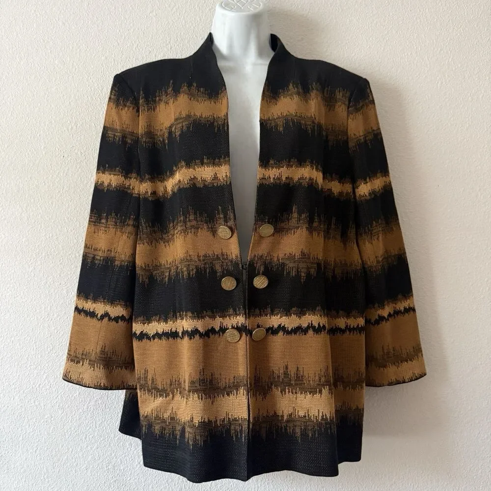 Misook Women's Knit Blazer Jacket Black & Cognac Earth Tone Geometric Print Luxe